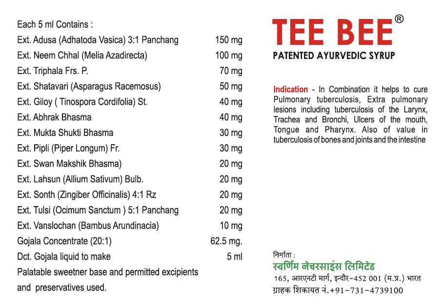 Ingredients Of Tee Bee Syrup 950ml - Sugar Free - Pack of 2 - Patented Ayurvedic Syrup - Jain's Cow Urine Therapy